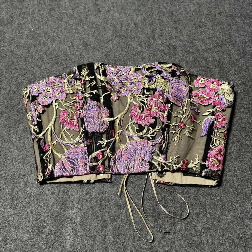 Nasty Gal Black Sheer Embroidered Floral Bustier Top